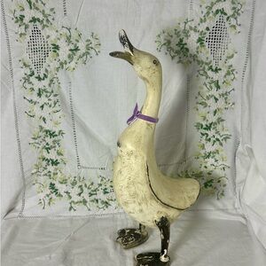 Vintage Hand Carved Wooden Duck with Purple Velvet Ribbon Rustic Farmhouse Decor